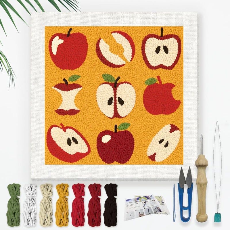 DOODLREAM 9 Styles Apple DIY Punch Needle Embroidery Kit for Adult Beginner, 9.4" Red Apple Fruit Punch Stitching Craft Set for Starter with Frame, Fabric Pattern, Threader, Yarn, Pinch Needle - Image 1